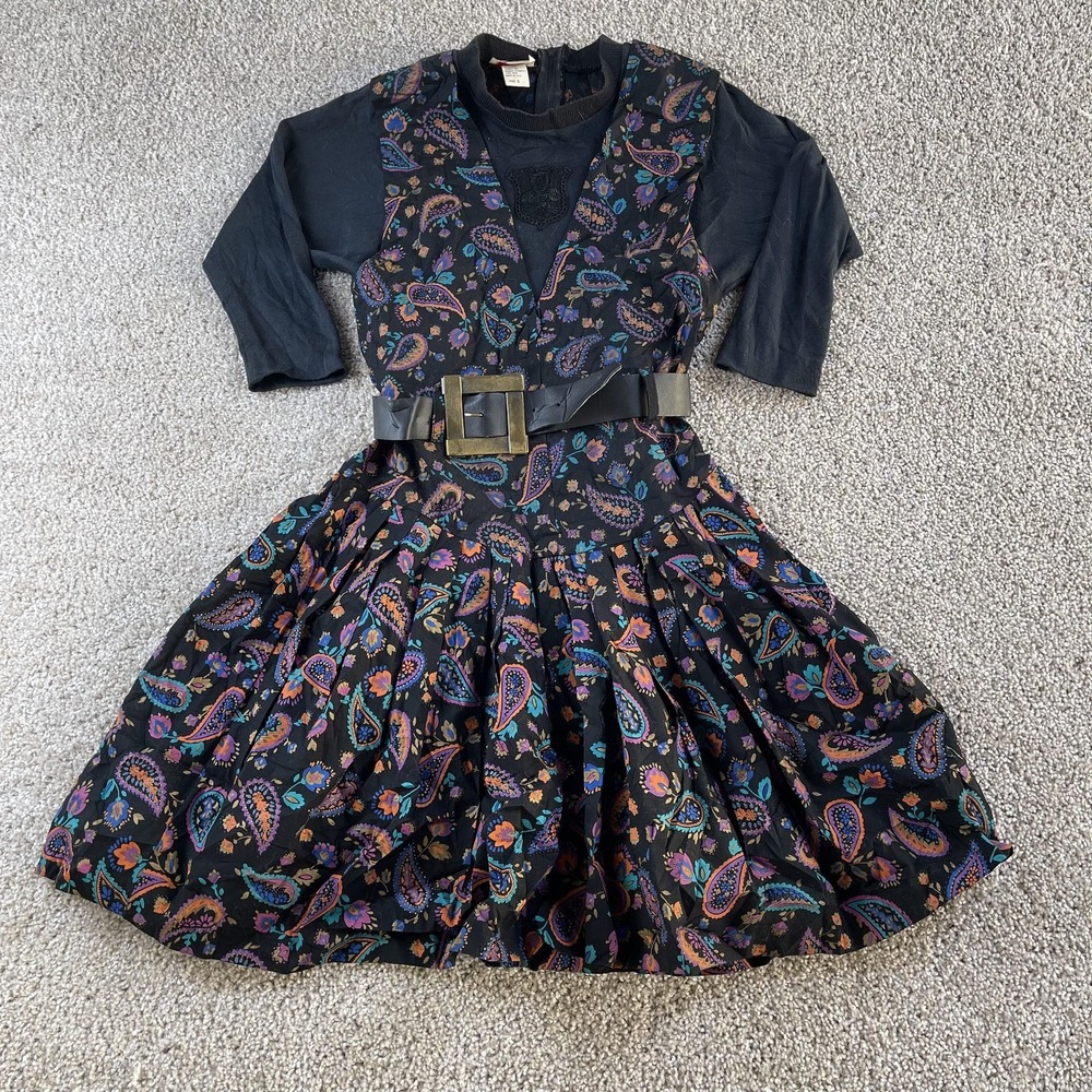 Vintage‎ 80s Glenfrey Fashions Dress Womens 5 Black Paisley 3/4 Sleeve Fit Flare